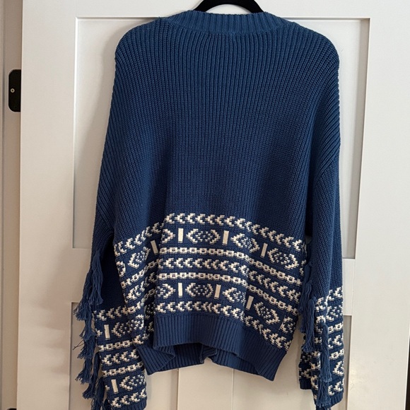 Frye Blue Cardigan with White Geometric Design, Fringe Sleeves NWT! - Picture 6 of 6
